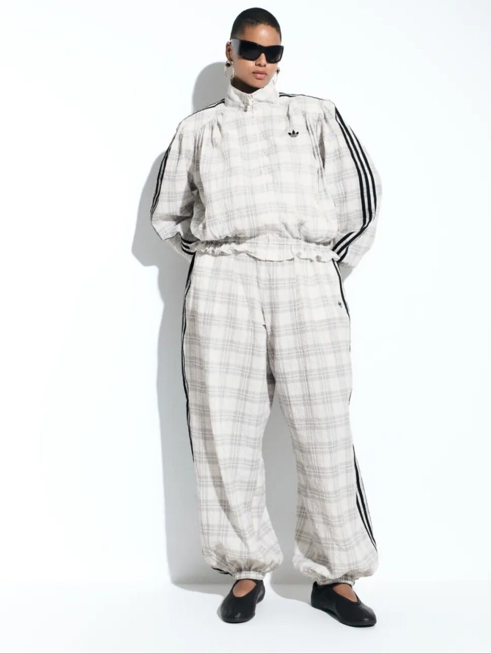 Adidas White Plaid Track Joggers with Black Stripes AND THE MATCHINH JACKET.